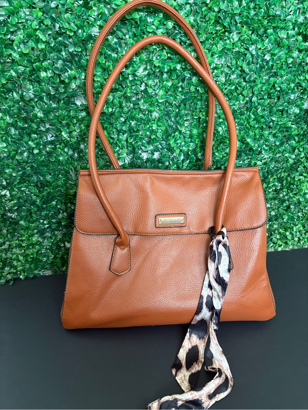 London Fog Cognac Shoulder Tote with cheetah print Scarf Accent